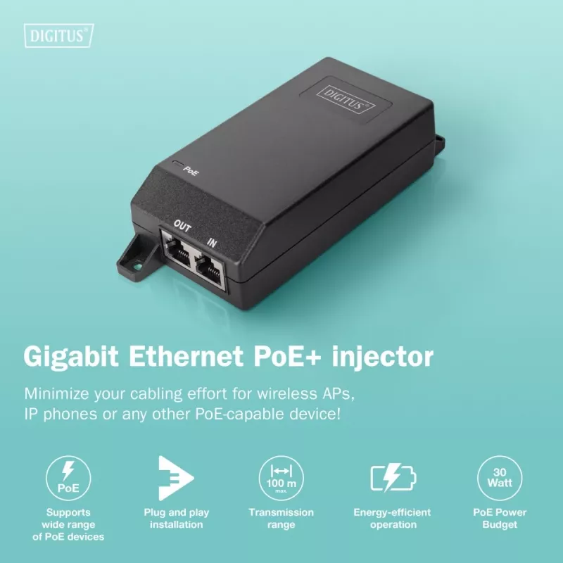 Digitus Gigabit Ethernet PoE+ injektorius 802.3at 30 W juodas