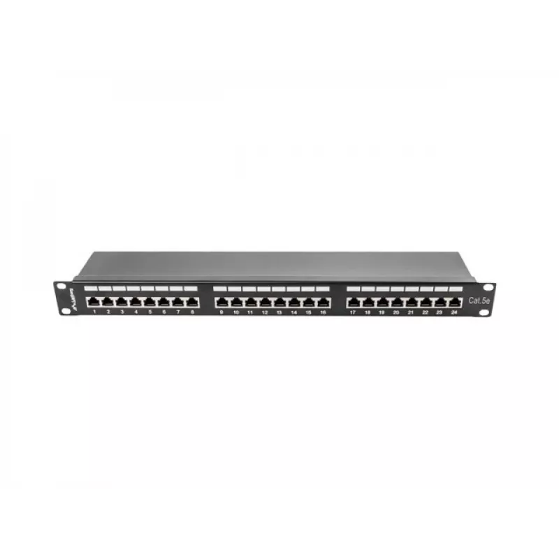 Patch panel 1U LANBERG PPS5-1024-B — 24 prievadų RJ-45 Cat5, metalinis, juodas, montavimui į stelažą