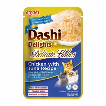 Šlapi kačių skanėstai INABA Dashi Delights Delicate Flakes Vištiena su Tuna 40 g pakelis