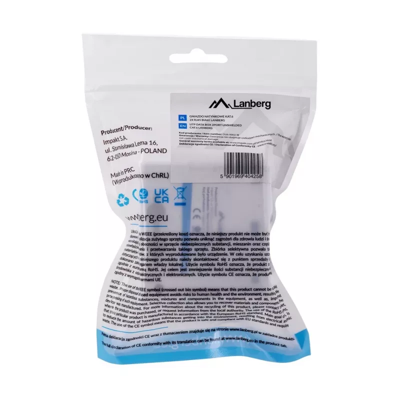 LANBERG OU6-0002-W kištukinis lizdas RJ-45 Cat6 baltas, 2 prievadai, 30×54×57 mm