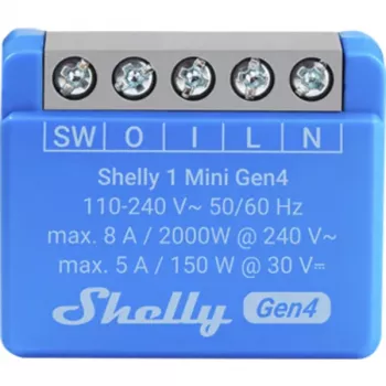 Išmanusis jungiklis Shelly 1 Mini Gen4 1P belaidis 110–240 V 50–60 Hz 1.2 W Bluetooth Wi‑Fi ZigBee 34×16×29 mm