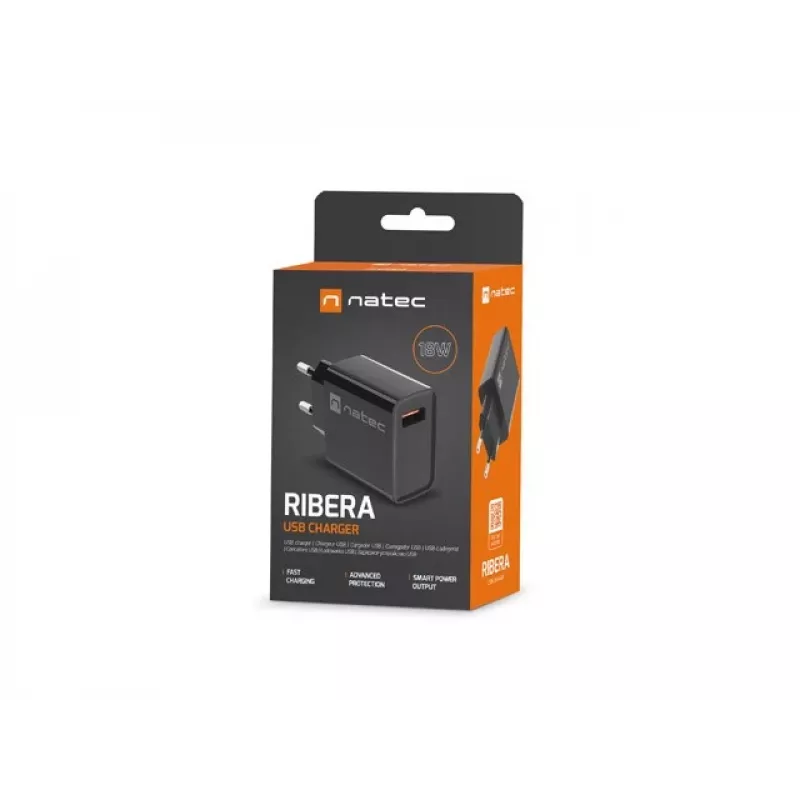 NATEC Ribera universalus greitojo įkrovimo sieninis kroviklis — 18 W (5–15 V, iki 3 A), 1× USB-A, Huawei FCP/SCP, juodas