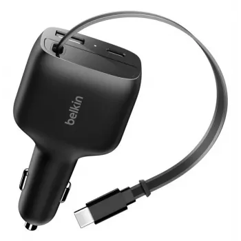 Belkin 75W 2 prievadų automobilinis įkroviklis su įtraukiamu USB-C kabeliu (CCC001HQBK)