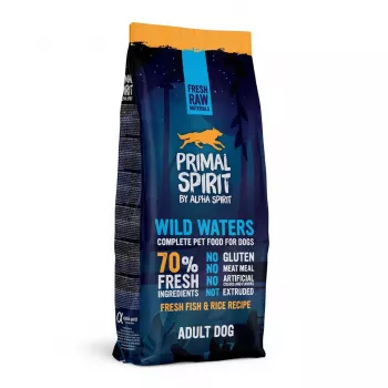Sausas šunų ėdalas PRIMAL SPIRIT Wild Waters 12 kg — pusiau drėgnas, žuvies skonio, 28,5% baltymų, 16,5% riebalų, 19% drėgmės