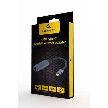 Tinklo adapteris Gembird A-USB3C-LAN-01 Type-C USB 3.2 Gen 1, Gigabit RJ-45, 0,15 m laidas, metalinis korpusas, pilka/juoda