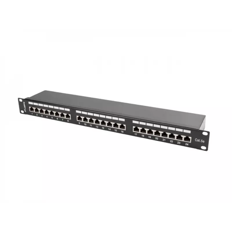 Patch panel 1U LANBERG PPS5-1024-B — 24 prievadų RJ-45 Cat5, metalinis, juodas, montavimui į stelažą