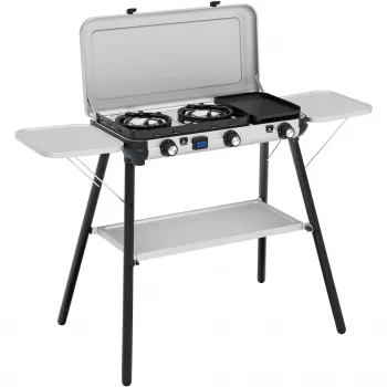 Campingaz Camping Kitchen 2 Multi Cook Plus, dujinė viryklė pilka, 2 kaitvietės 2x 1,8 kW + kepsninė 0,9 kW, modelis 2025