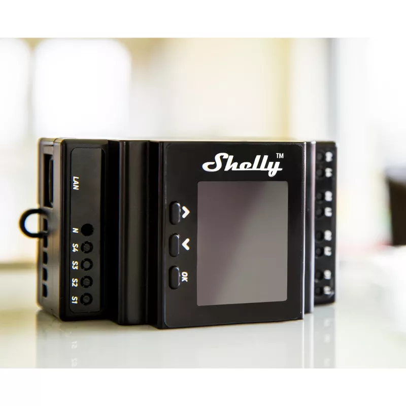 DIN bėgio relės modulis Shelly Pro 4PM 4 kanalų Wi‑Fi, 4 kanalai, AC 110–240V, galios ir energijos matavimas, montavimui ant DIN bėgio