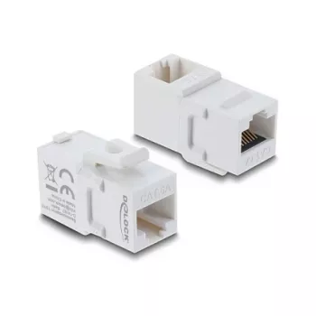Keystone movė DELOCK RJ45 lizdas-lizdas Cat.6A 90° kampu UTP balta, plokščia 16,9×33,1×19,9 mm