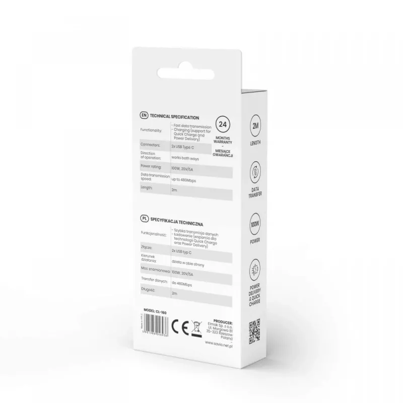 Savio CL-160 USB-C į USB-C laidas 2 m USB 2.0 juodas