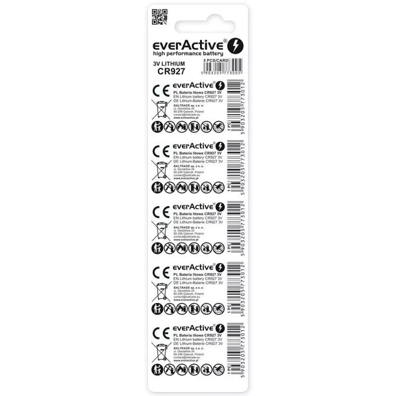 Ličio moneta baterija everActive CR927 3V, 30 mAh, aukštis 2,7 mm – pakuotė 5 vnt.