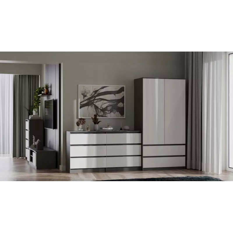 Spinta MALWA SS-90, 90×180×50 cm, antracitinis rėmas, balti varstomi durys, 2 stalčiai, laminatas 16 mm