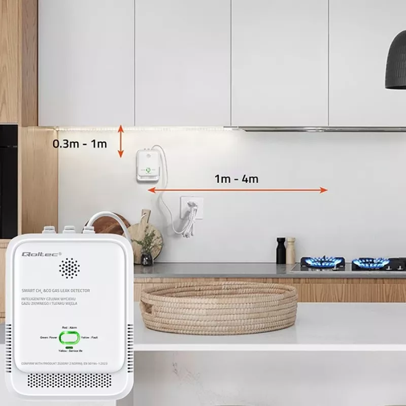 Dujų nuotėkio ir anglies monoksido detektorius su LED indikacija QOLTEC