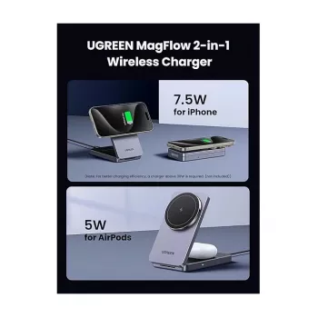 UGREEN W528 2-in-1 belaidis magnetinis įkroviklis telefonams ir ausinėms, pilkas, apsauga nuo trumpojo jungimo ir per žemos įtampos