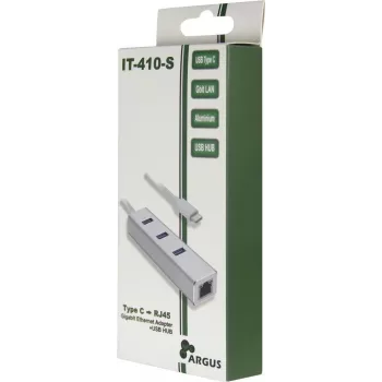 Inter-Tech Argus IT-410-S USB 3.2 Gen 1 Type-C į RJ-45 ir USB Type-A šakotuvas, pilkas aliuminis
