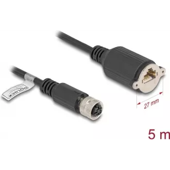Tinklo kabelis DeLOCK M12 D-koduotas 4 kontaktų moteriškas į RJ45 Cat5e 5 m juodas