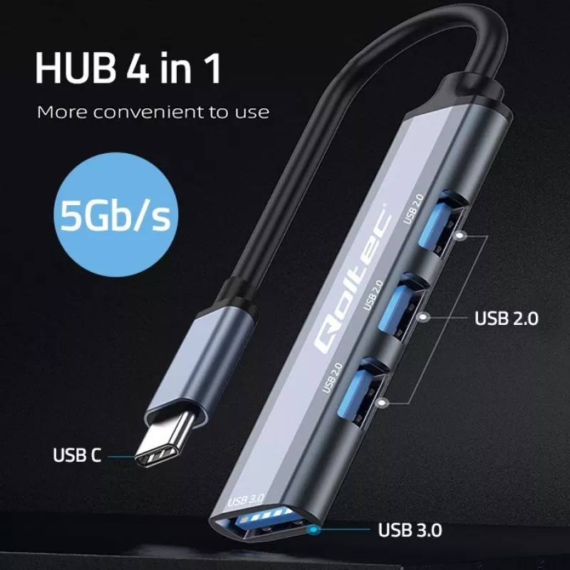 USB šakotuvas QOLTEC 53792, USB-C 3.1 į 4 prievadus (USB 3.0 x1, USB 2.0 x3)