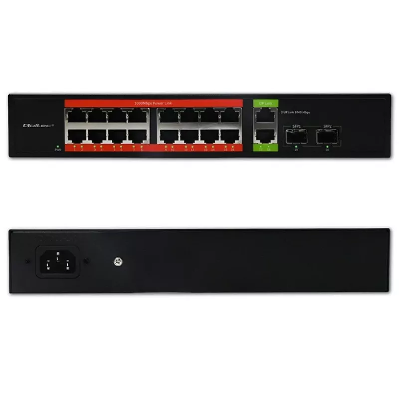 Tinklo jungiklis QOLTEC 52292 – Gigabit Ethernet PoE, 16x RJ45, 2x RJ45 uplink, 2x SFP