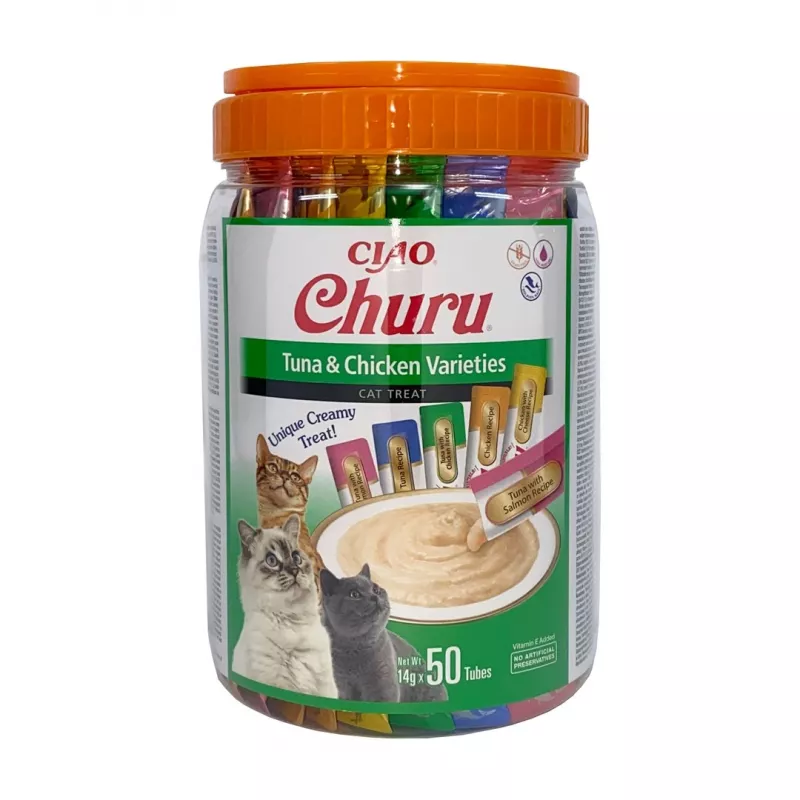 Šlapieji skanėstai katėms INABA Churu vištiena ir tunas, 50 x 14 g pastos tūbelės, be grūdų, be glitimo ir be cukraus