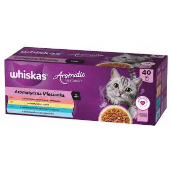 Šlapias kačių ėdalas WHISKAS Aromatic selection Mix — 40 maišelių po 85 g, suaugusioms katėms, drėgnis 83,6%