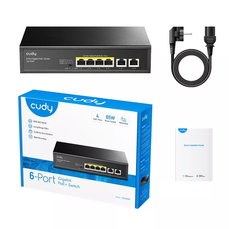 Cudy GS1006P tinklo jungiklis, nevaldomas Gigabit Ethernet, 6 prievadai PoE, 12 Gbit/s, 2048 MAC, juodas