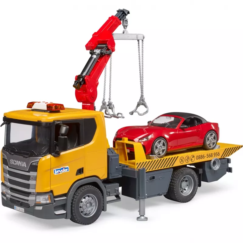 BRUDER Scania Super 560R pagalbos kelyje komplektas su vilkiku ir roadster