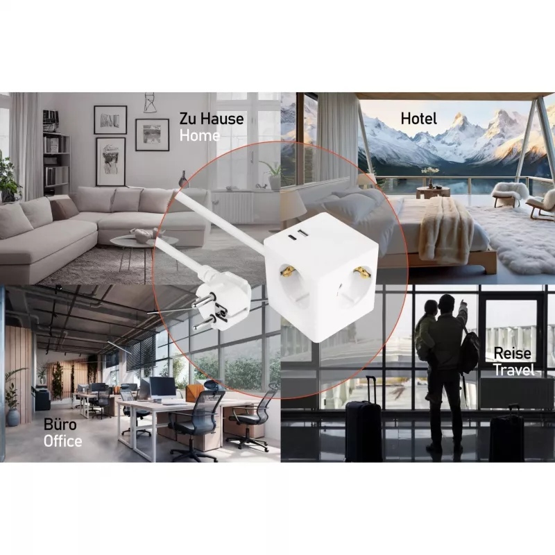 Kabelmeister SW01-W030 lizdų blokas kubo formos, 3x Schuko, USB-C (20 W, PD 3.0) + USB-A (18 W), 3 m kabelis, baltas