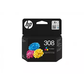 HP 308 Tri-color Original rašalo kasetė, standartinė išeiga, žydra, rausvai raudona, geltona, dažų pagrindu, 1 vnt., 120 puslapių, kombinuotas paketas