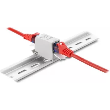 Sujungiklis DELOCK RJ45 Cat.6A moteriškas–moteriškas su dulkių dangteliu, ekranuotas, tvirtinimui ant DIN bėgelio, pilkas/ baltas