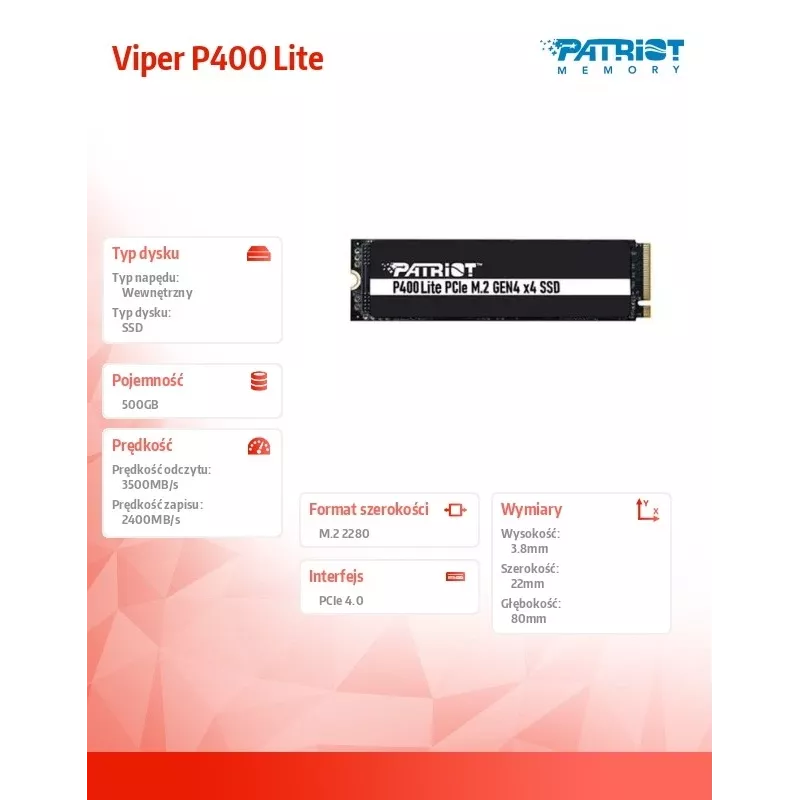 SSD diskas Patriot Memory 500 GB M.2 PCI Express 4.0 NVMe P400 Lite