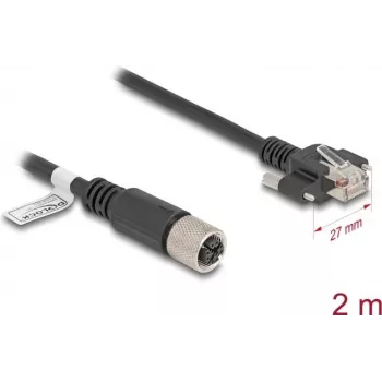 Tinklo kabelis DeLOCK M12 X-koduotas 8 kontaktų kištukas į RJ45 kištuką Cat.6A 2 m juodas