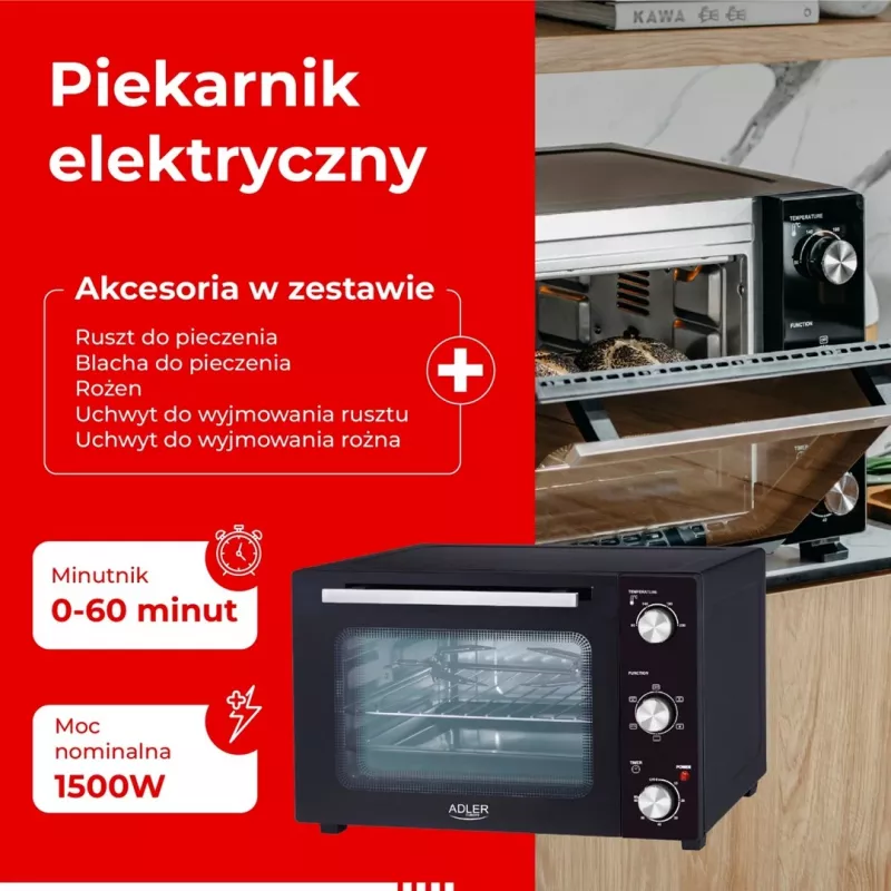 Elektrinė kompaktiška stalviršinė orkaitė Adler AD 6026 – 48 L, 1800 W, laisvai pastatoma, mechaninis laikmatis