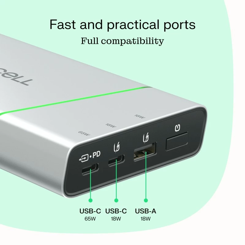 Nešiojama baterija Green Cell BPLGC20P 20800 mAh Li‑Ion, USB‑C PD 65W, 2x USB‑C + 1x USB‑A, aliumininis korpusas
