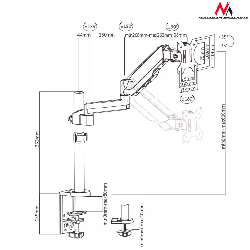 Stalinis monitoriaus laikiklis MACLEAN MC-775, 32 colių (81,3 cm), VESA 75x75–100x100, iki 8 kg, pilka