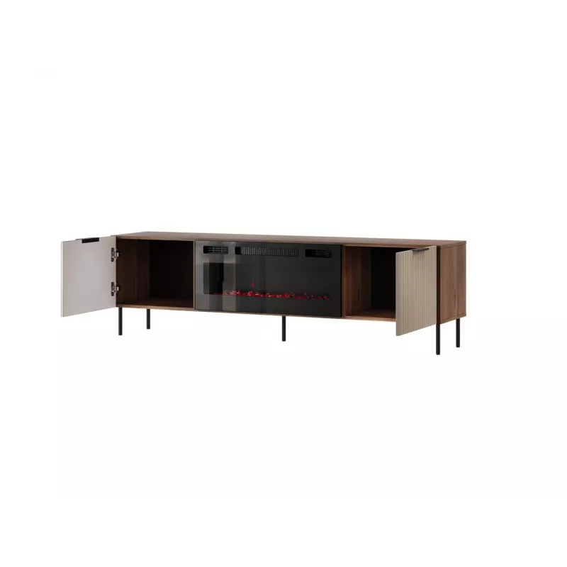 Spintelė televizoriui Cama Meble ALMERA 180,5×42×52,5 cm riešutas/kšmyras su juodu elektriniu židiniu