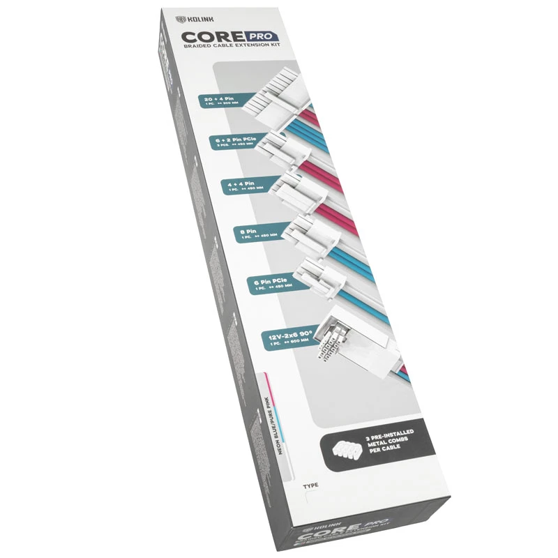 Prailginimo / adapterio rinkinys Kolink Core Pro 12V-2x6 Type 2 pintas prailginimas — Brilliant White/Neon Blue/Pure