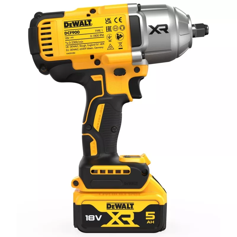 Veržliaraktis smūginis DeWALT DCF900P2T-QW 1/2 colio bešepetėlis 18 V, 1898 N·m, 5 Ah akumuliatorius, 2 akumuliatoriai, įkroviklis, dėklas