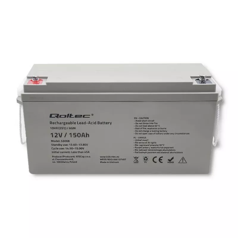Qoltec 53068 AGM akumuliatorius | 12V | 150Ah | maks. 2250A