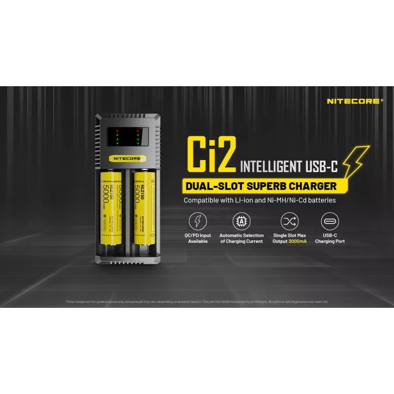 Įkroviklis Nitecore Ci12 Universal USB Li‑Ion, NiCd, NiMH akumuliatoriams, 3A įėjimas 5/9/12V, plastikinis korpusas