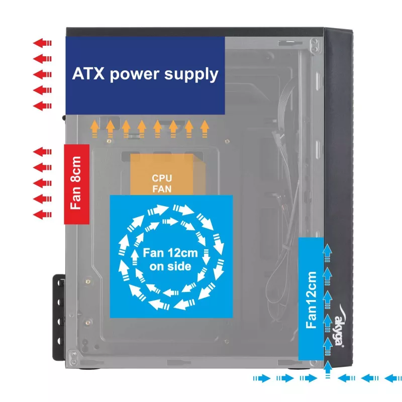 Akyga AK35BK Micro ATX kompiuterio korpusas, Micro ATX / Flex ATX / Mini ITX, 2x USB 2.0, be maitinimo bloko, juodas