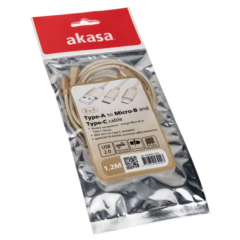 Akasa AK-CBUB42-12GL USB laidas 1,2 m USB 2.0 USB A USB C / Micro-USB B Auksinis