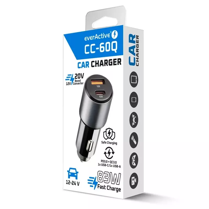 Automobilinis įkroviklis everActive CC-60Q, QC3.0, iki 83W, USB maitinimo adapteris automobiliui