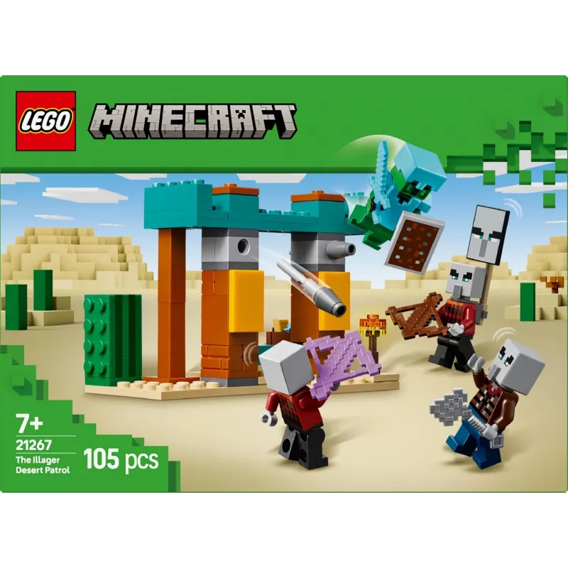 LEGO statybinis rinkinys „The Illager Desert Patrol 21267“ – Minecraft žaidimų rinkinys, 105 detalės, 4 minifigūrėlės, 80×60×110 mm