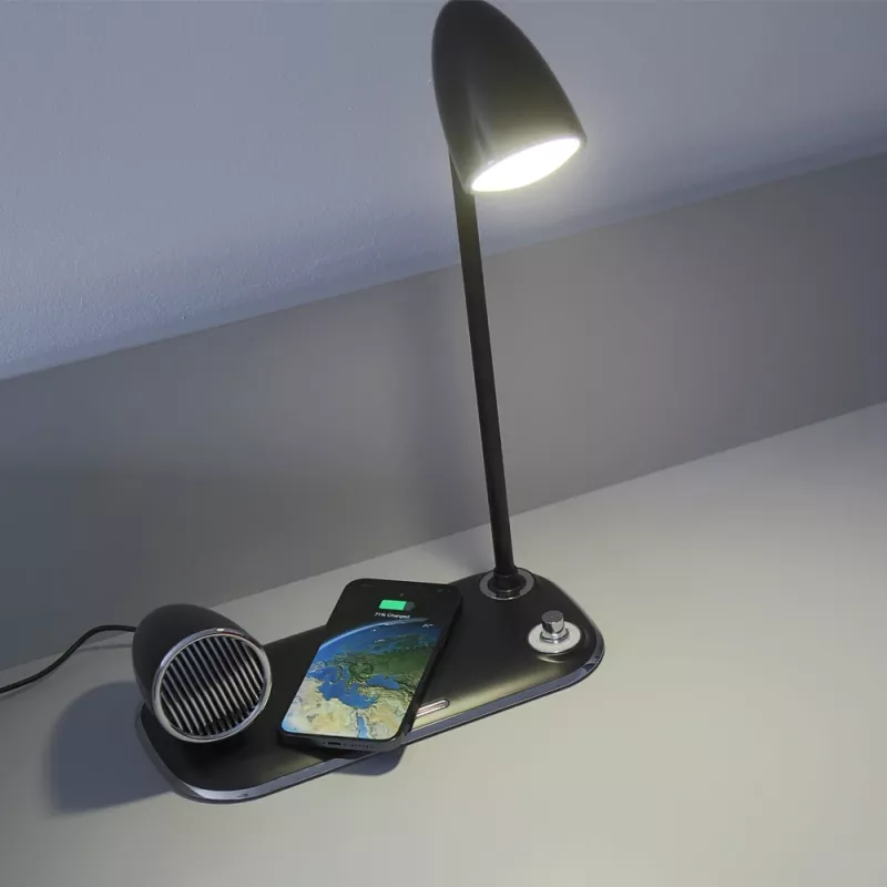 Stalinė lempa Tellur TLL151361 su belaidžiu Qi įkrovikliu ir Bluetooth garsiakalbiu, reguliuojamu apšvietimu