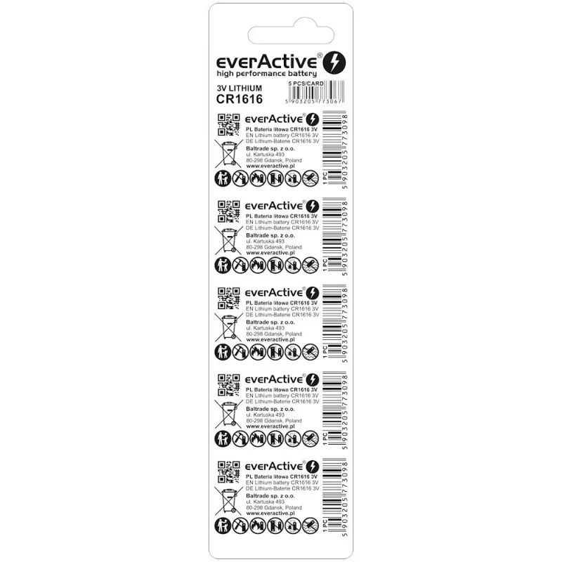 Baterija moneta everActive CR1616 3V, 50 mAh, 16 mm – pakuotė po 5 vnt.