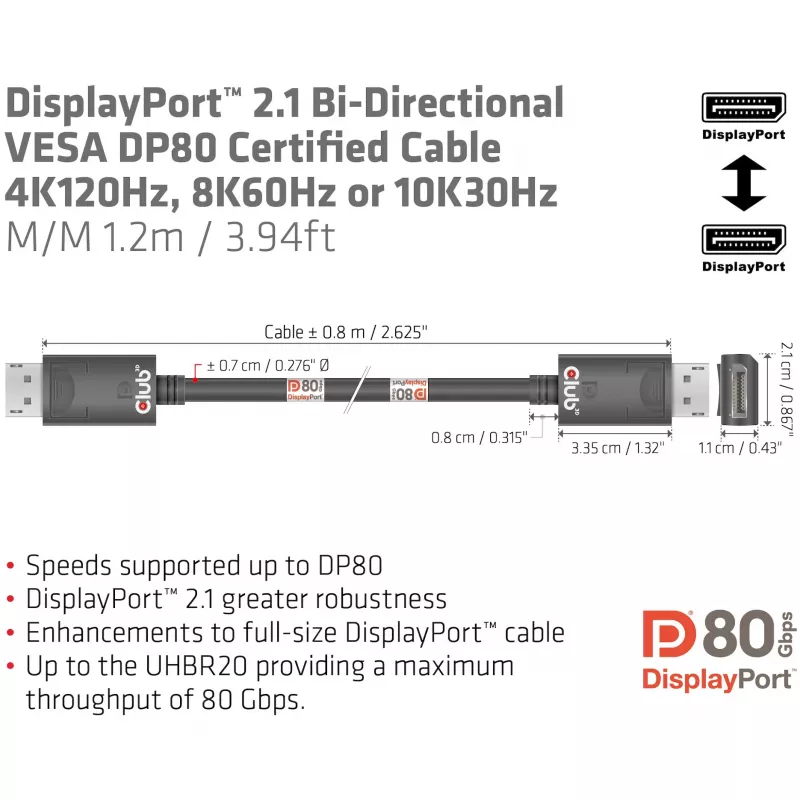 Club 3D CAC-1091 DisplayPort 2.1 kabelis, VESA DP80 sertifikuotas, dvikryptis, 4K120Hz / 8K60Hz / 10K30Hz, kištukas–kištukas, 1,2 m