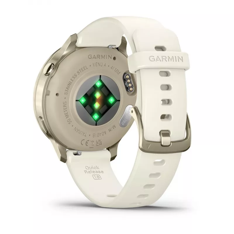 Išmanusis laikrodis GARMIN Venu 4, 41 mm auksinis korpusas, 1,2 colio AMOLED 390×390, GPS, Wi‑Fi, 5 ATM, 10 dienų baterija