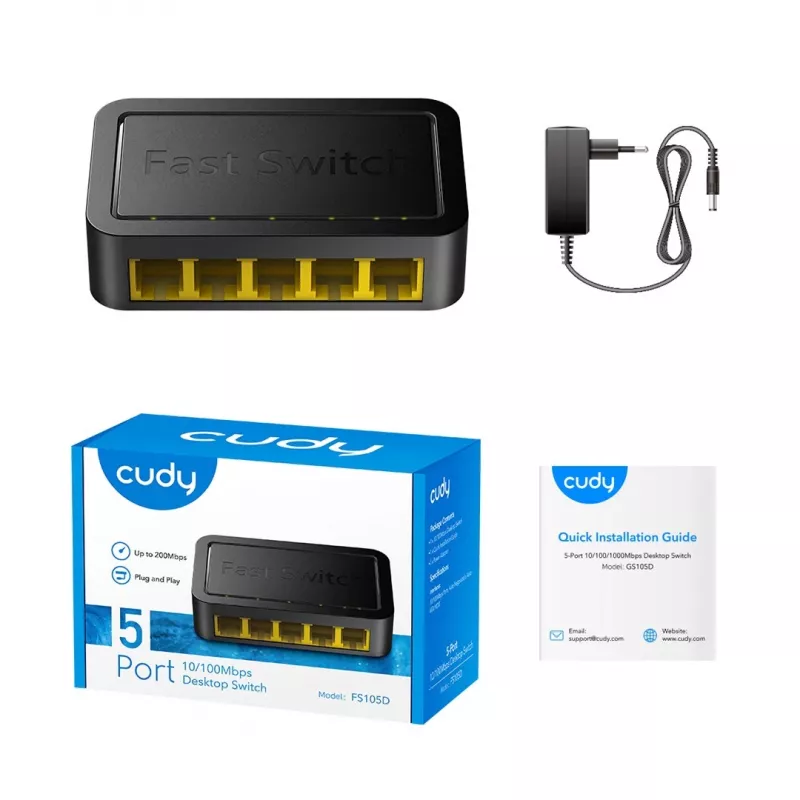 Tinklo jungiklis Cudy FS105D — 5 prievadų Fast Ethernet 10/100, 1 Gbit/s perjungimas, juodas