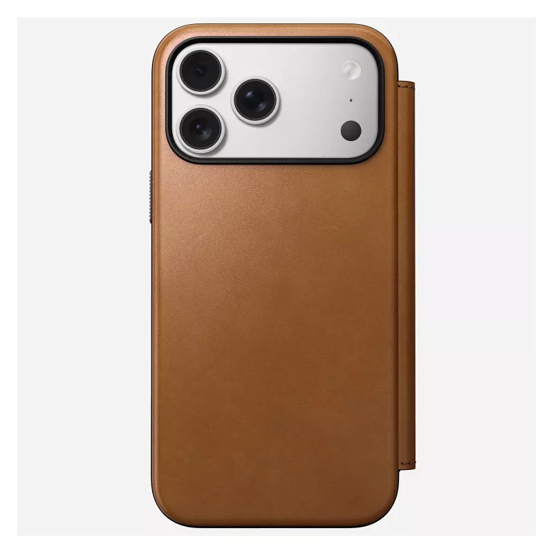 Nomad Modern Leather Folio dėklas iPhone 17 Pro Max – Tan (rudas), tinka iki 17,5 cm (6,9 colio) ekranui, 4 kortelių kišenės