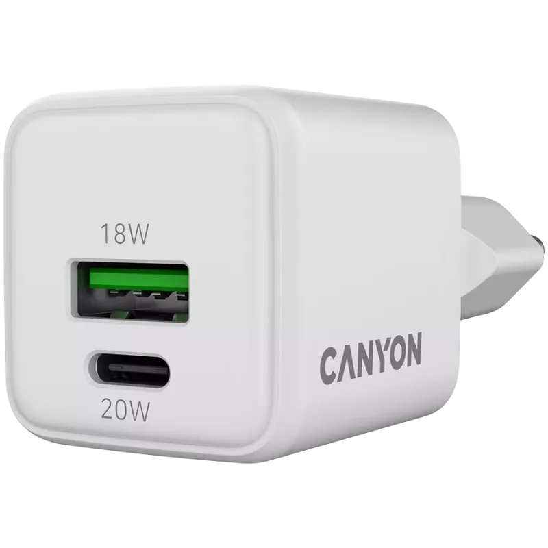Canyon Charger CU20AC GaN 20W PD, 2 prievadai (USB-A/USB-C) balta mažmeninė (CNS-CUW20AC)
